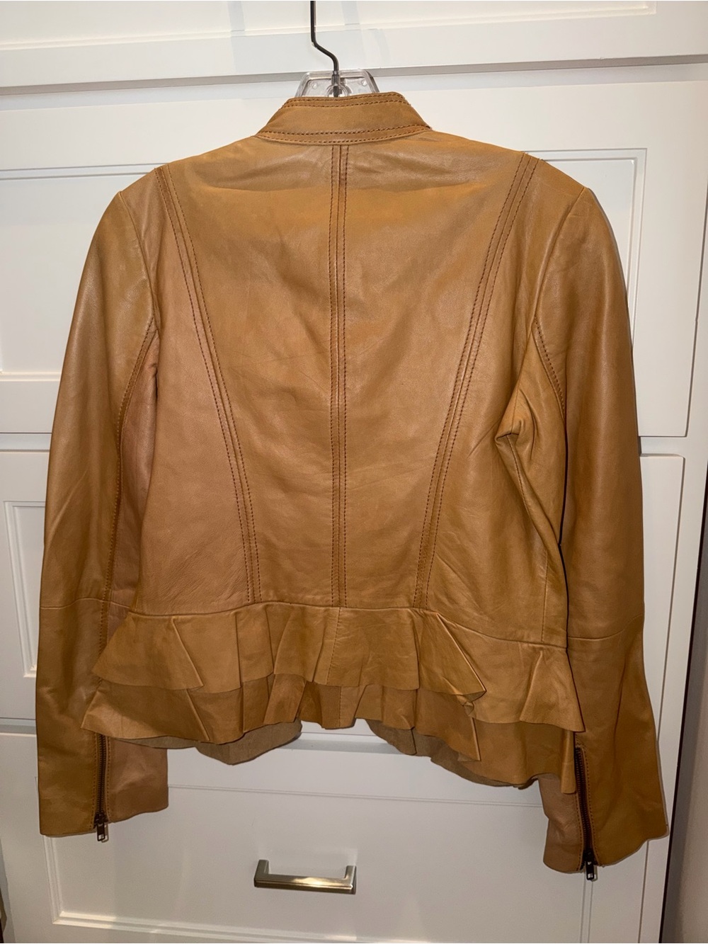 Hinge (Nordstrom) Tan Leather Jacket with Ruffle Detail Small - Picture 2 of 7